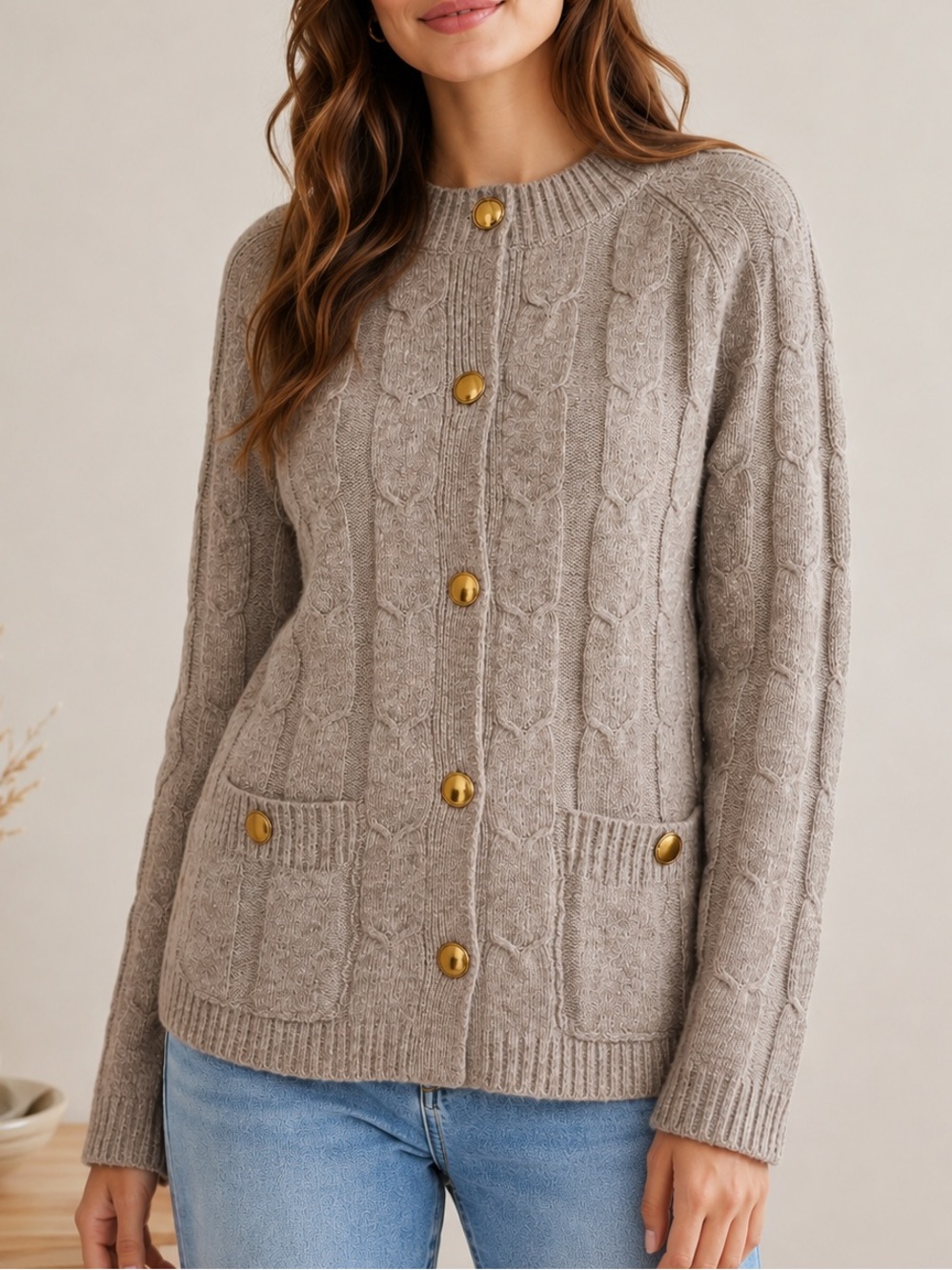 Rosetta Getty Collective Womens Size S Beige Cable Wool Blend Cardigan Sweater